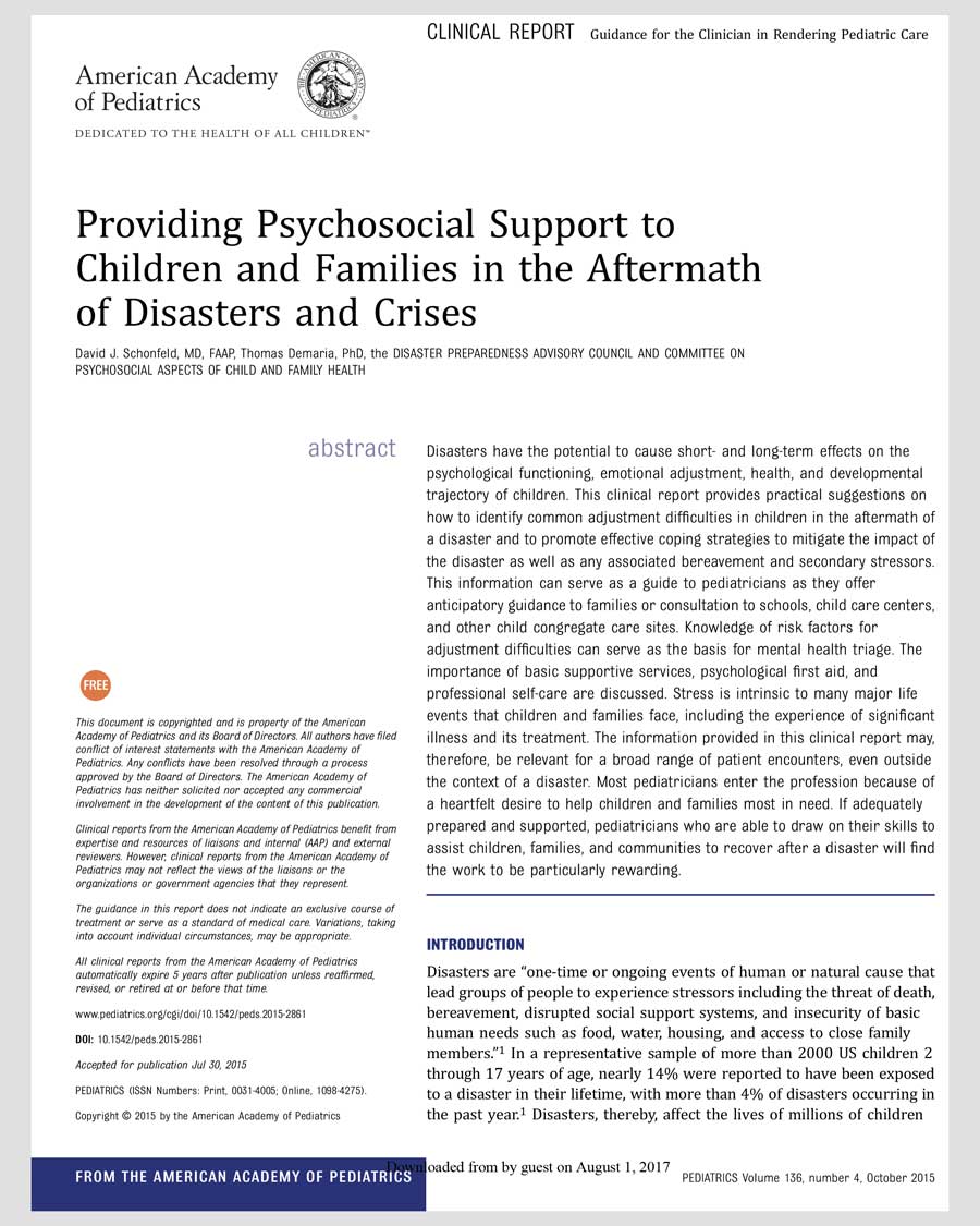 Providing Psychosocial Support to Children and Families in the Aftermath of Disasters and Crises