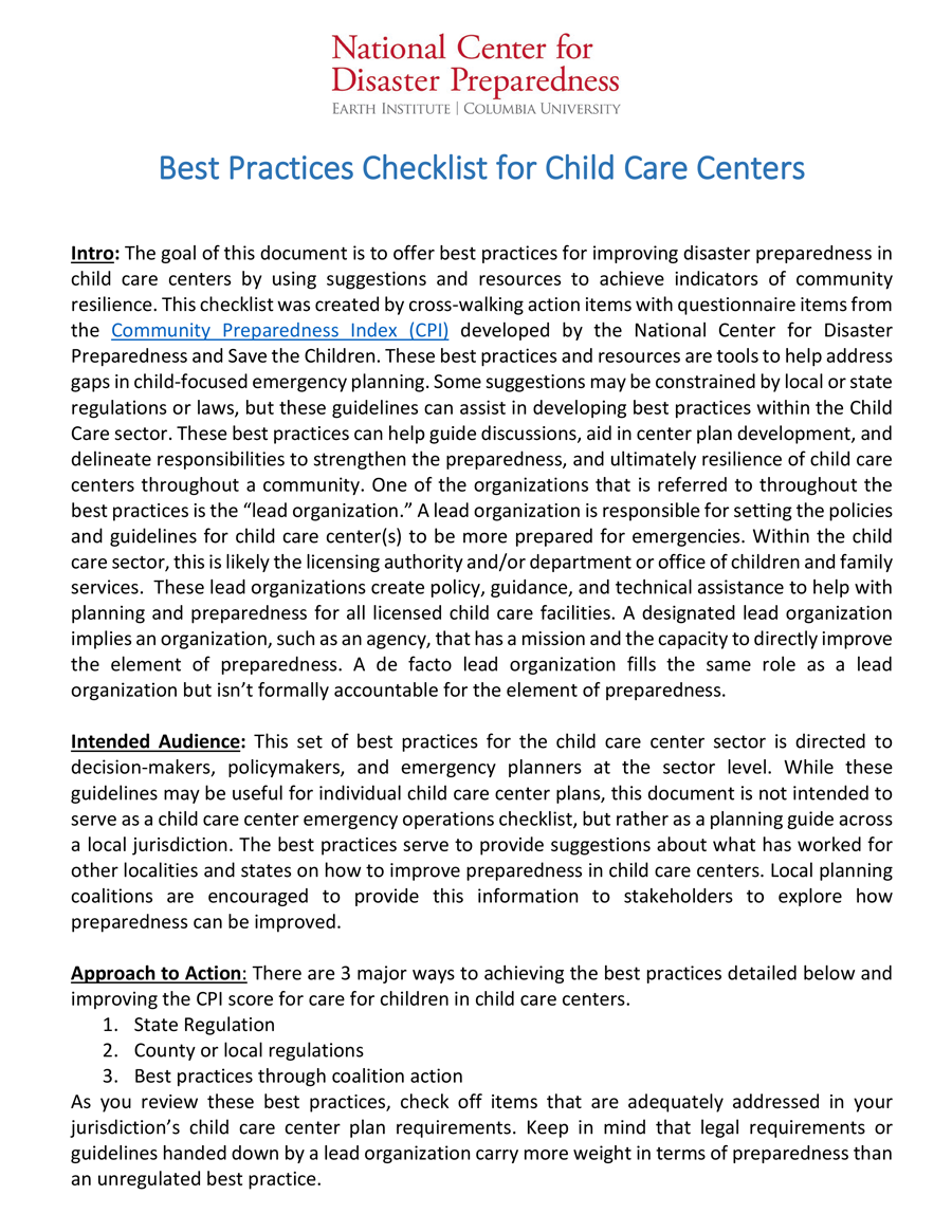 RCRC Best Practices Checklist for Child Care Centers