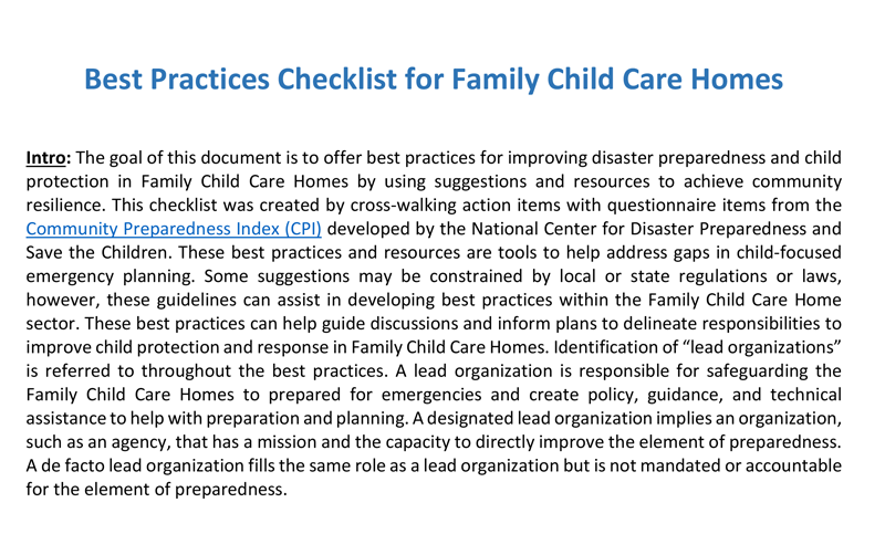 Best Practices Checklist for Family Child Care Homes